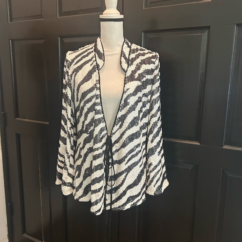 RIXO Black and White Zebra Print Knit Blazer